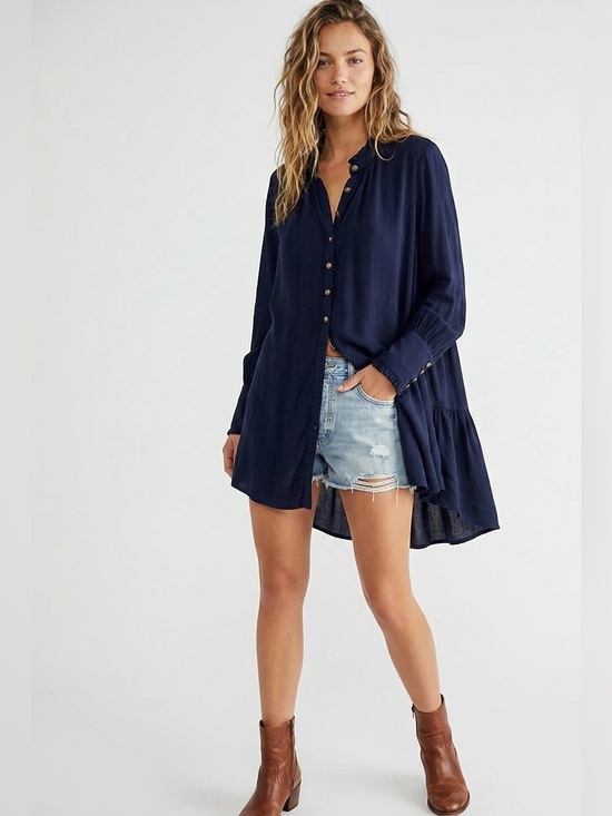 Free People Dresses & Skirts - Free People $128 Navy Blue Lieutenant Shirt Dress Tunic Ruffle Boho L